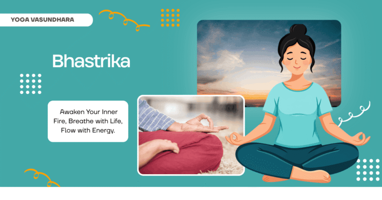A girl practising Bhastrika Pranayama with the slogan “Awaken Your Inner Fire, Breathe with Life, Flow with Energy.”